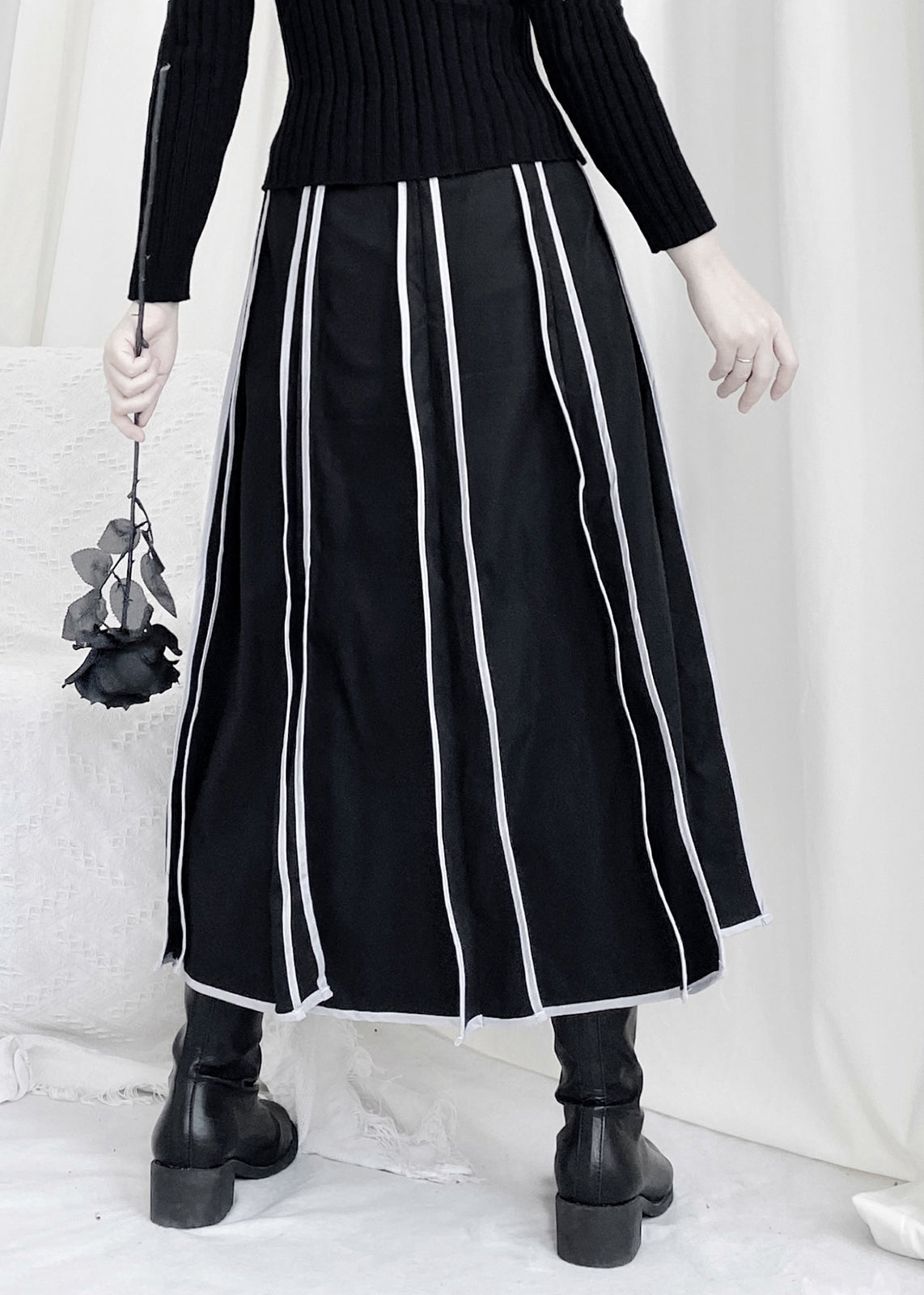 Black Striped Patchwork Elastic Waist a Line Skirt Fall