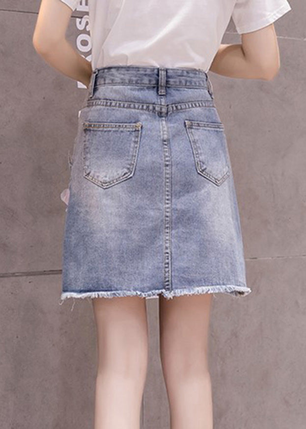 Stylish Blue Patchwork High Waist Nail Bead Denim Skirt
