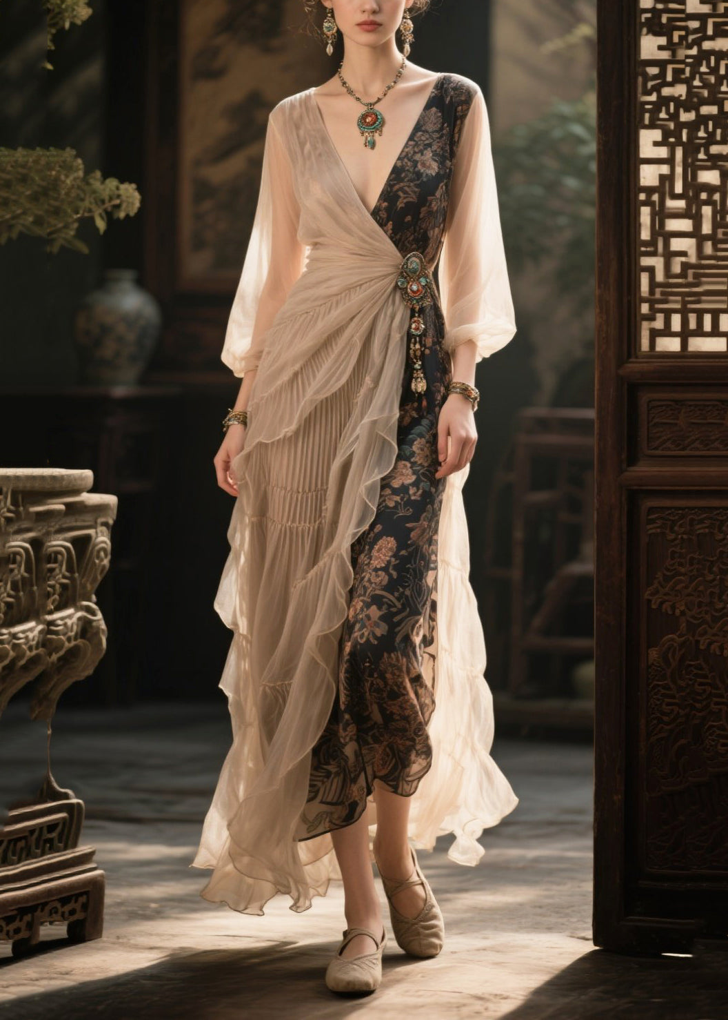 Beige Asymmetrical Patchwork Tasseled Chiffon Dresses Summer