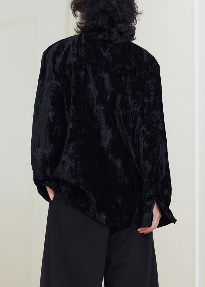 Black Stand Collar Button Silk Velour Shirts Fall