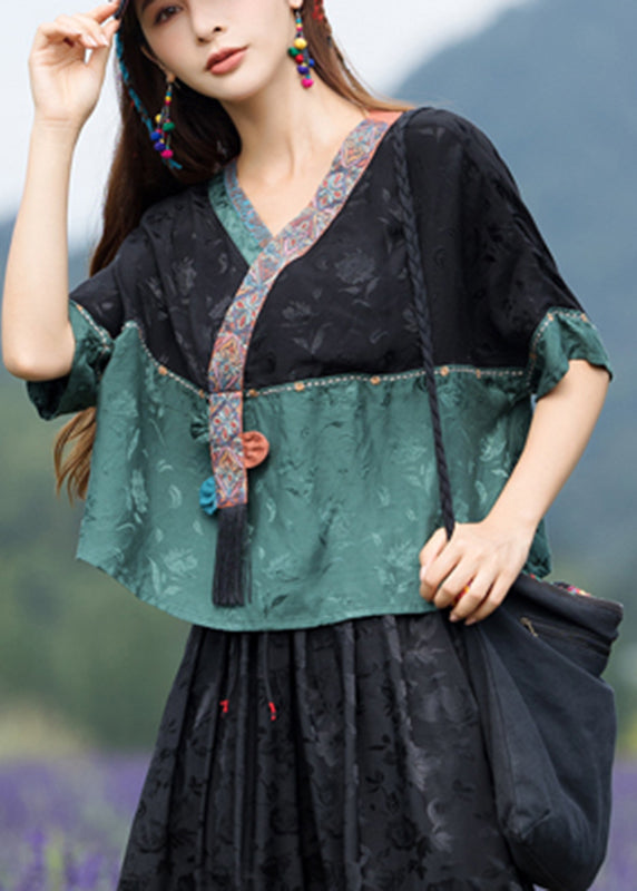 Jacquard Black Stand Collar Embroidered Patchwork Satin Top Half Sleeve
