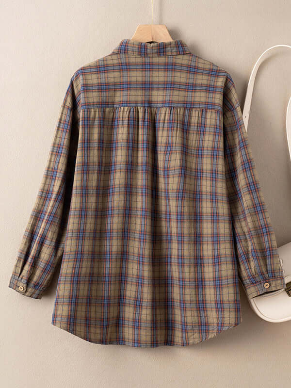 Natural Fabric Plaid Front Artsy Style Blouse