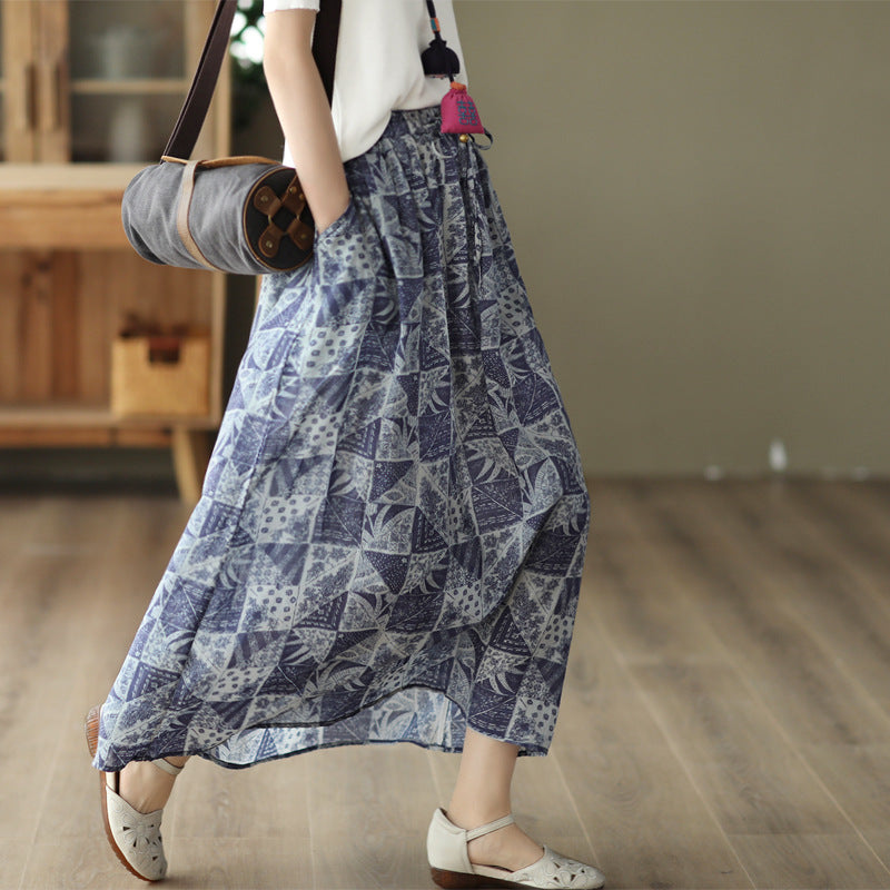 Cozy Printed Linen A-line Double Layers Skirt