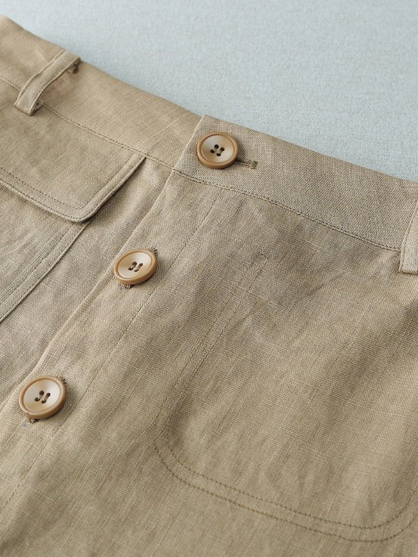 A-line Plain Mid-length Linen Skirt