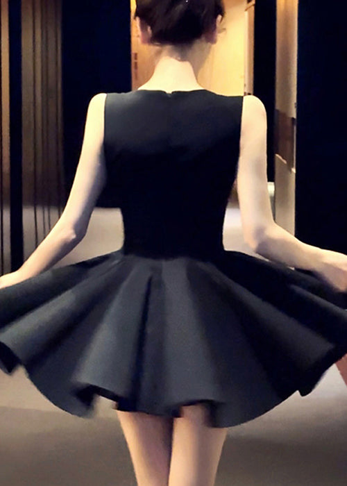 Black High Waist Pleated Dress V Neck Summer
