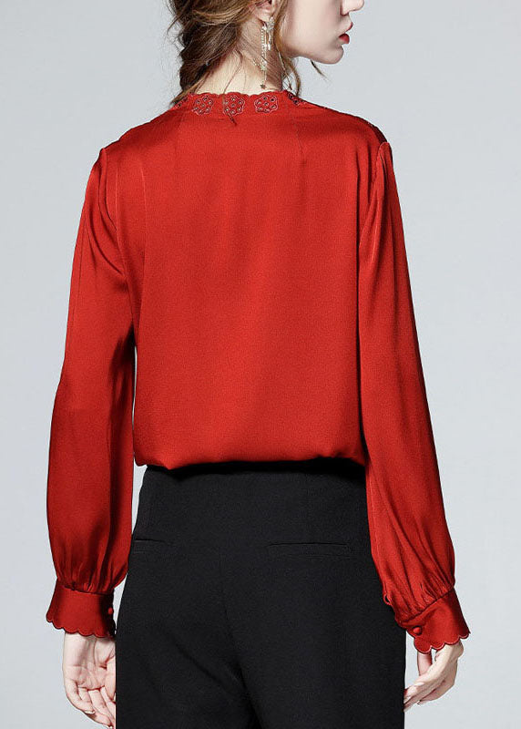 Red V Neck Button Embroidered Patchwork Silk Shirt Top Spring