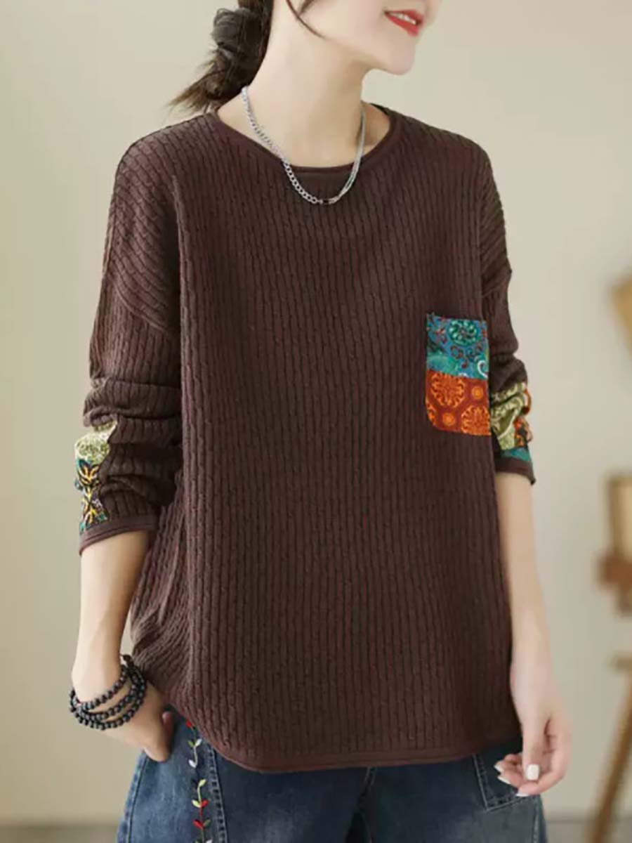 Autumn Artsy Knitted Patchwork Loose Sweater