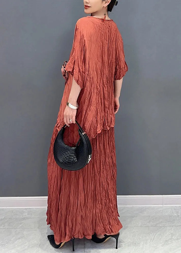 Classy Orange O-neck Wrinkled Top and Skirts Two Pieces Set Summer