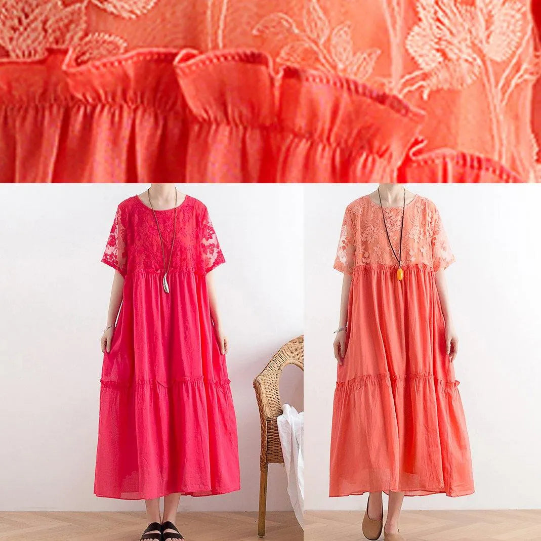 Handmade Organza Patchwork Cotton O Neck Summer Catwalk Red Kaftan Dress