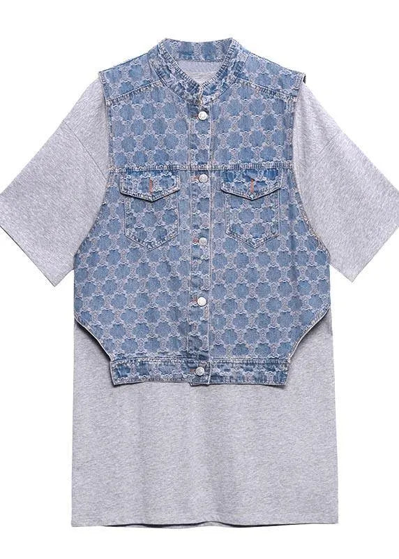 Two Piece Blue Black Denim Vest With Loose and Fashionable Skirt
