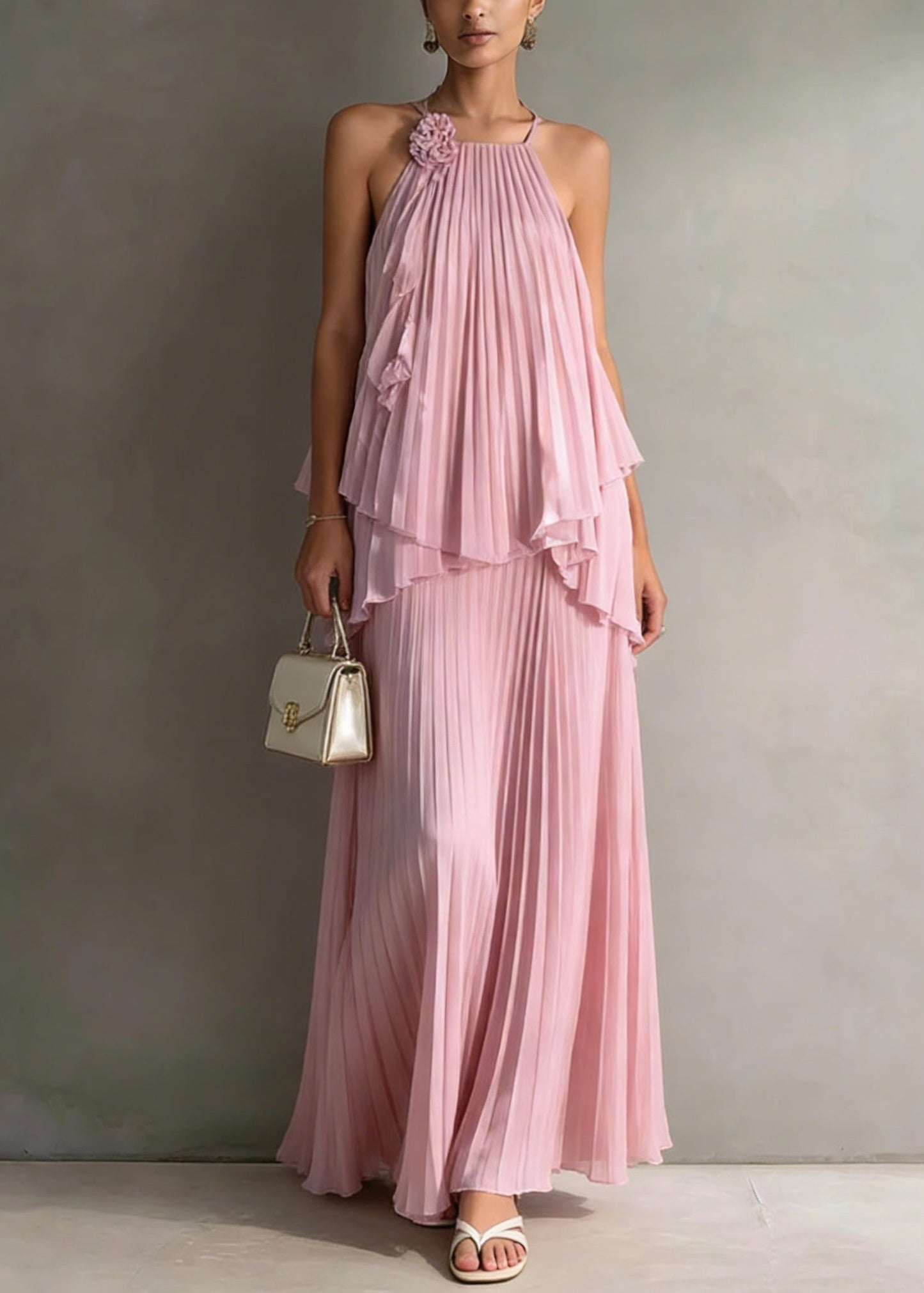 Holiday Style Pink Pleated Top and Skirts Chiffon Two Pieces Set Summer