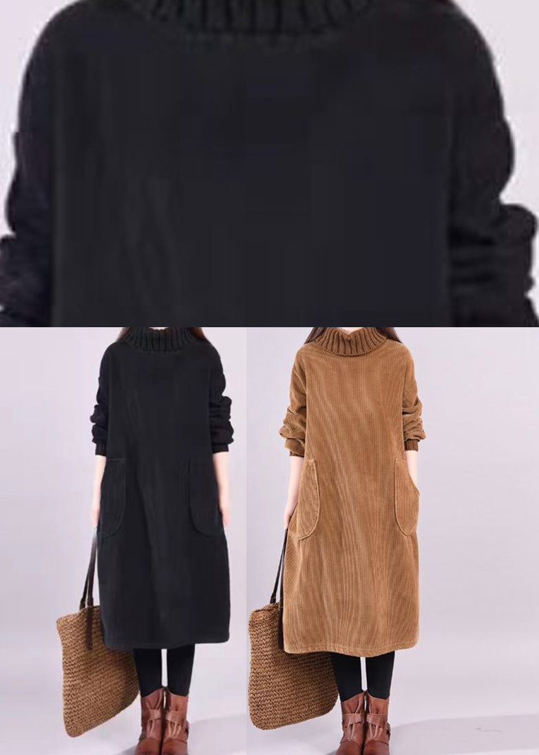 Black Turtle Neck Patchwork Warm Fleece Corduroy Dress Long Sleeve