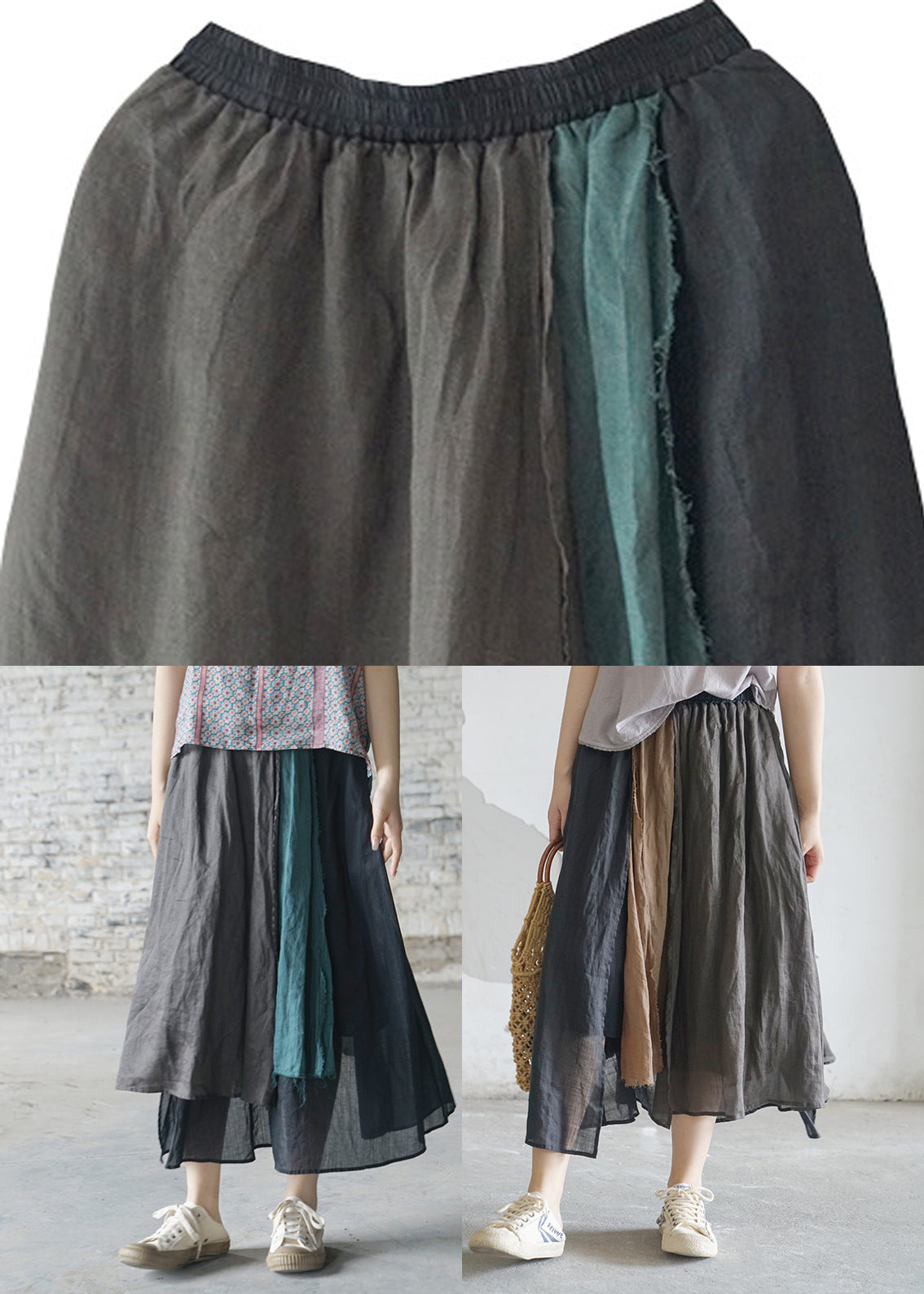 Chocolate Pocket Patchwork Linen Skirt Elastic Waist Spring