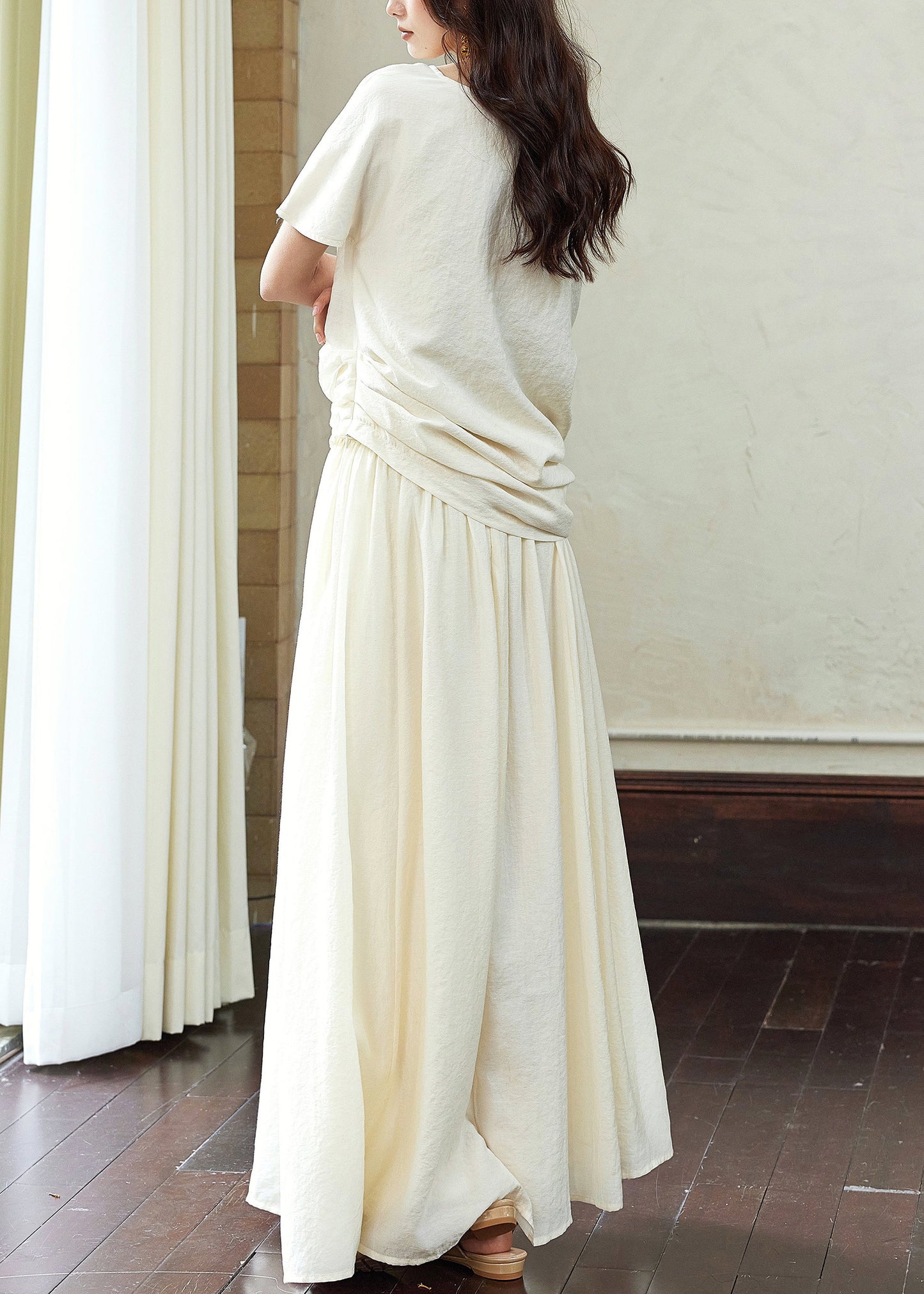 White Asymmetrical Wrinkled T Shirts and Skirts Cotton Two Piece Set Summer