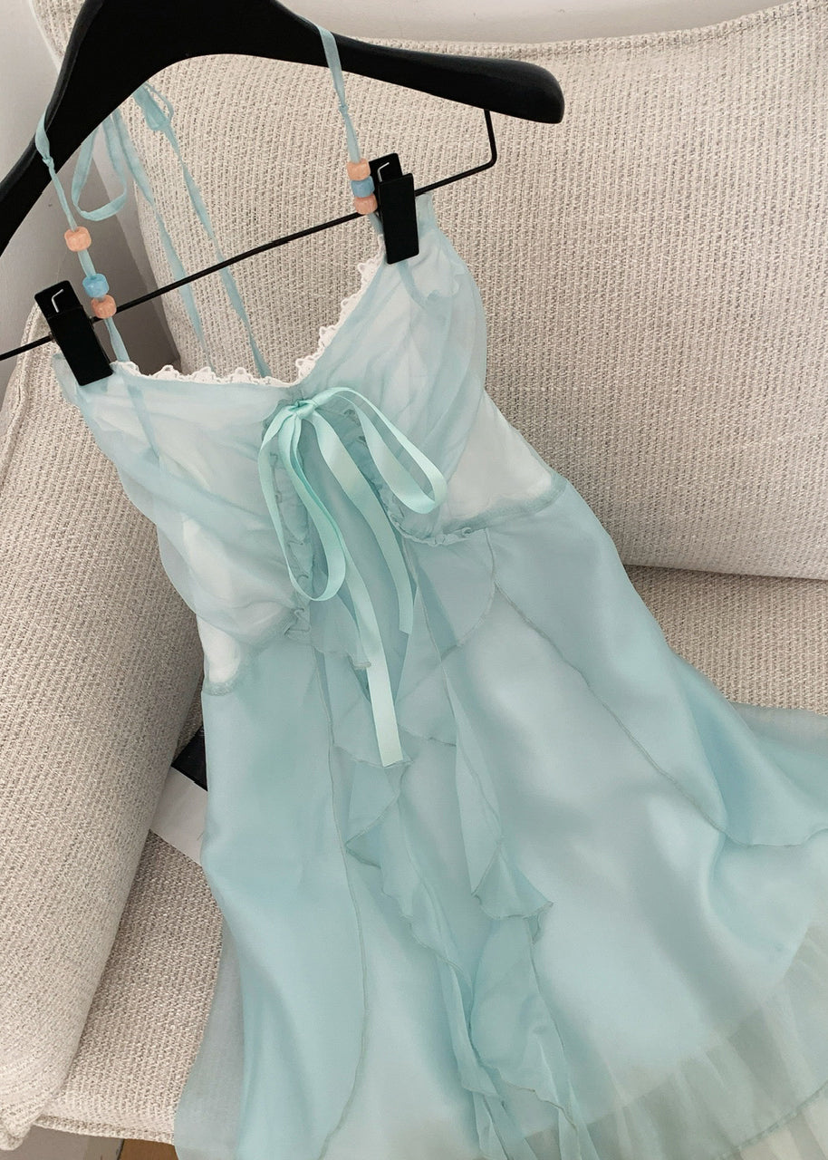 Blue V Neck Ruffled Lace Up Chiffon Long Dresses Sleeveless