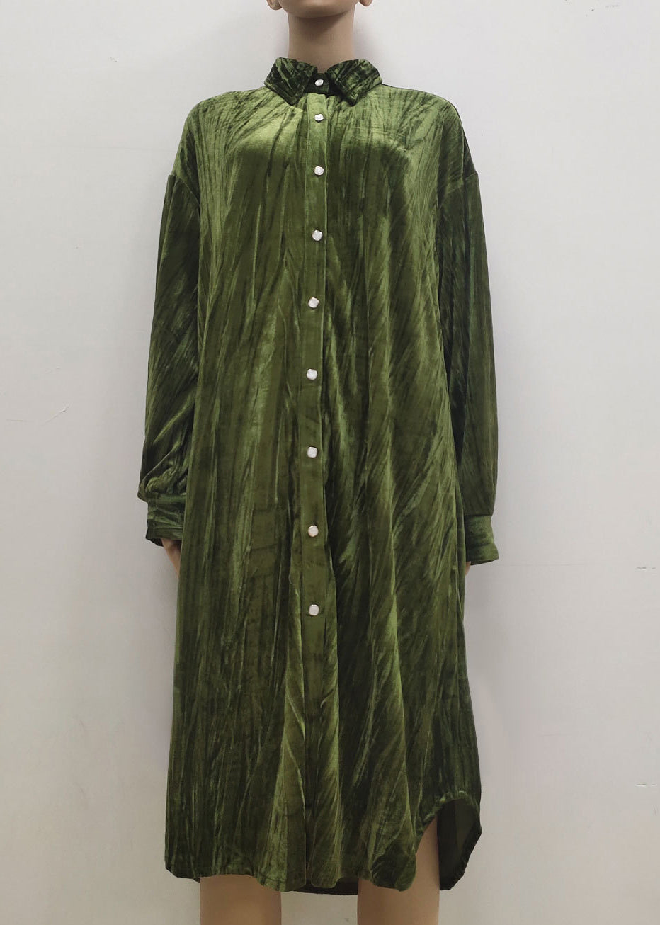 Ins Temperament Skirt Button Long Seeve Shirt Dress Green