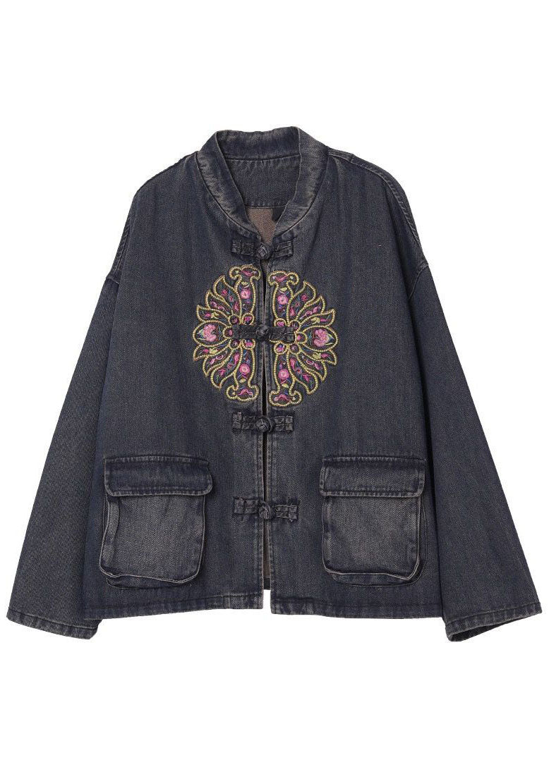 Black Button Embroidered Pockets Fall Denim Jackets