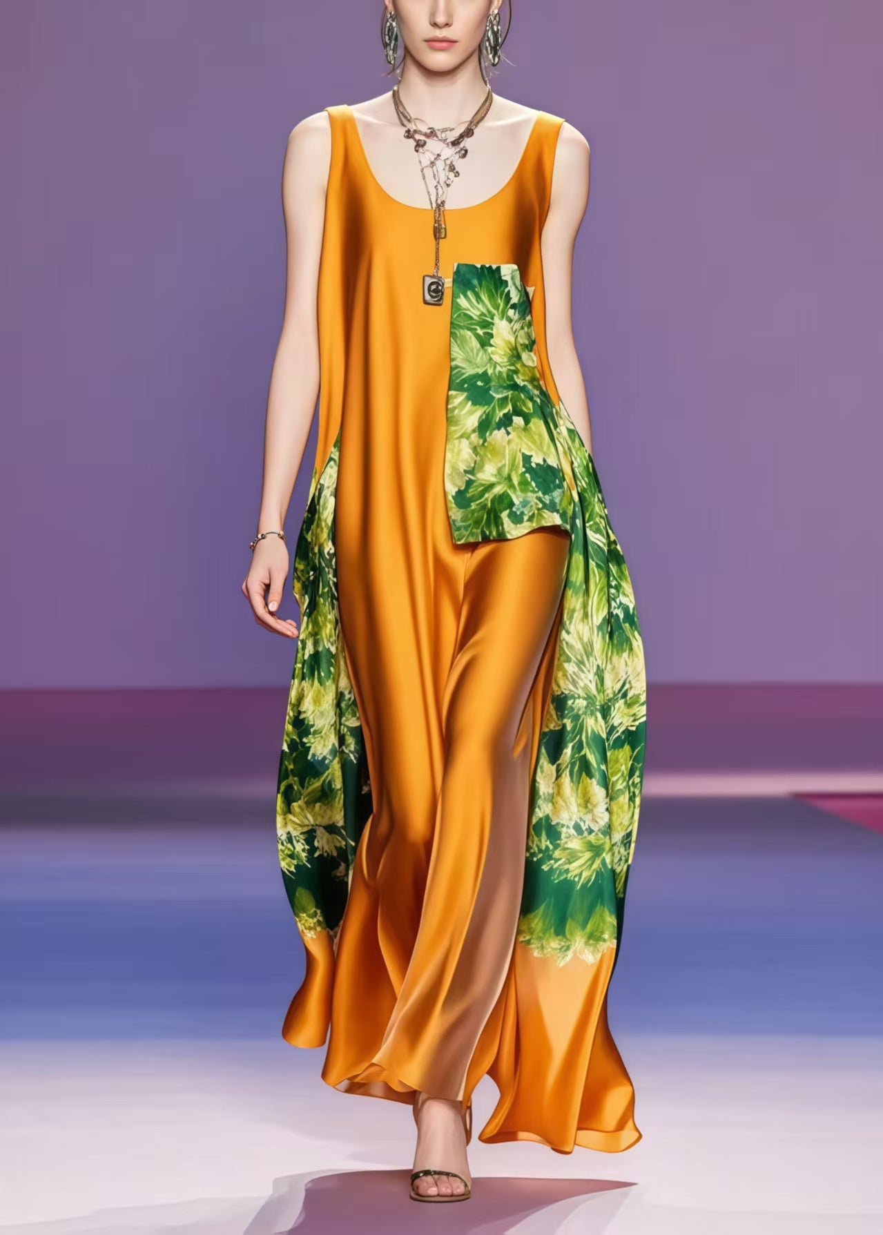 Caramel Asymmetrical Patchwork Silk Dress Sleeveless