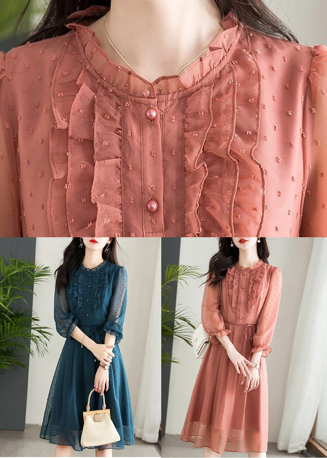 Navy Ruffled Tie Waist Patchwork Chiffon Dress Summer