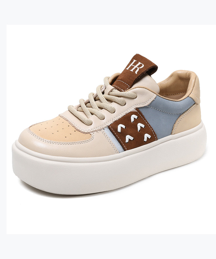Beige Flat Shoes Platform Cowhide Leather Lace Up
