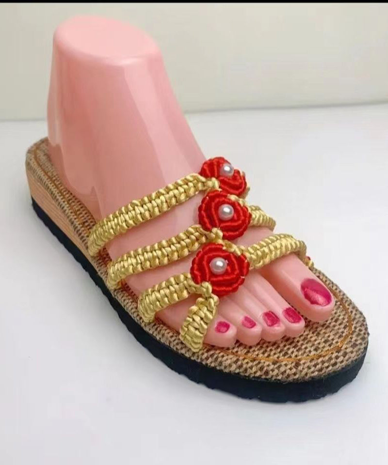 Splicing Wedge Black Knit Fabric Slide Sandals Peep Toe