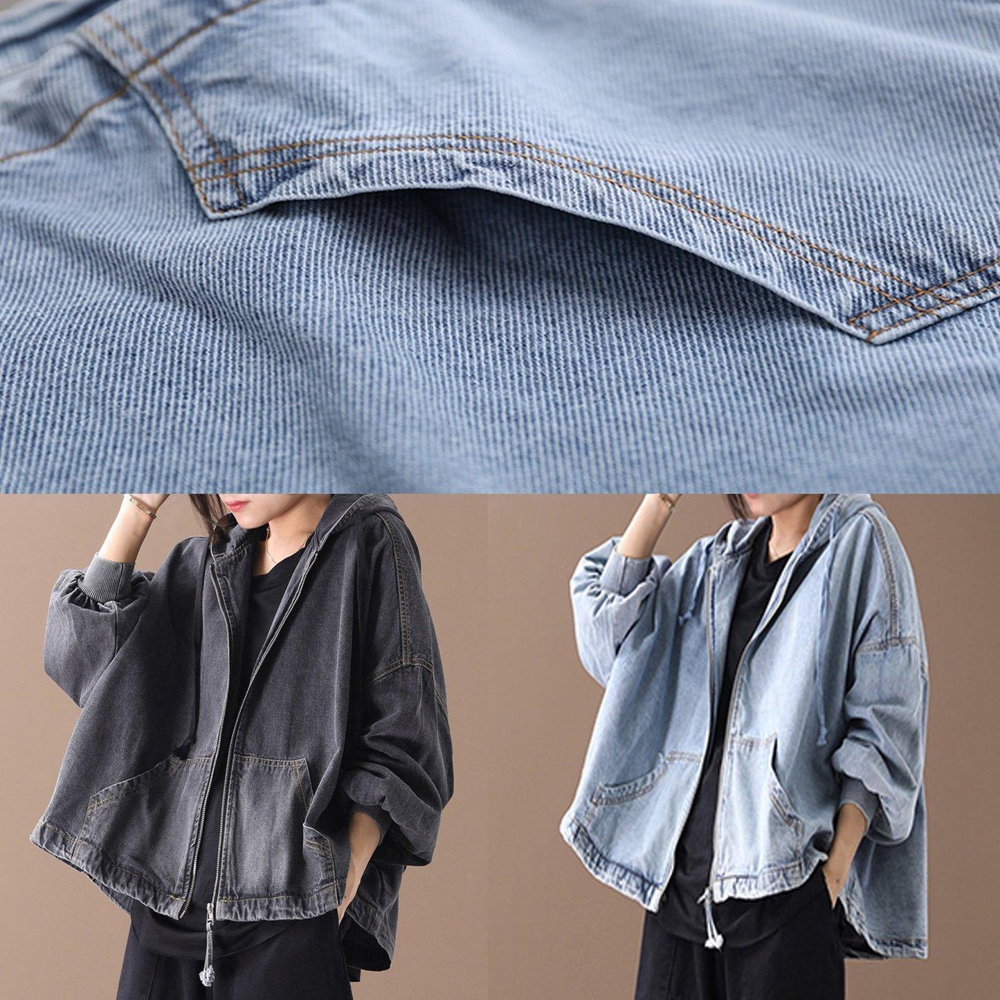 Modern Hooded Zippered for Light Blue Loose Coats