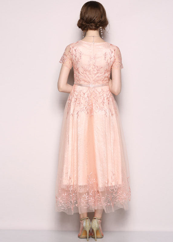 Style Pink Embroidered Tulle Long Dress Short Sleeve