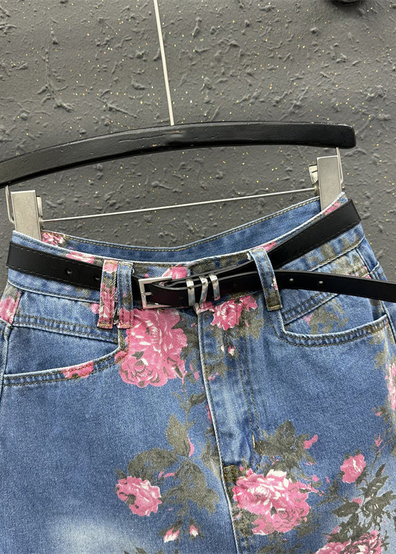 Blue Print High Waist Sashes Skirt Summer