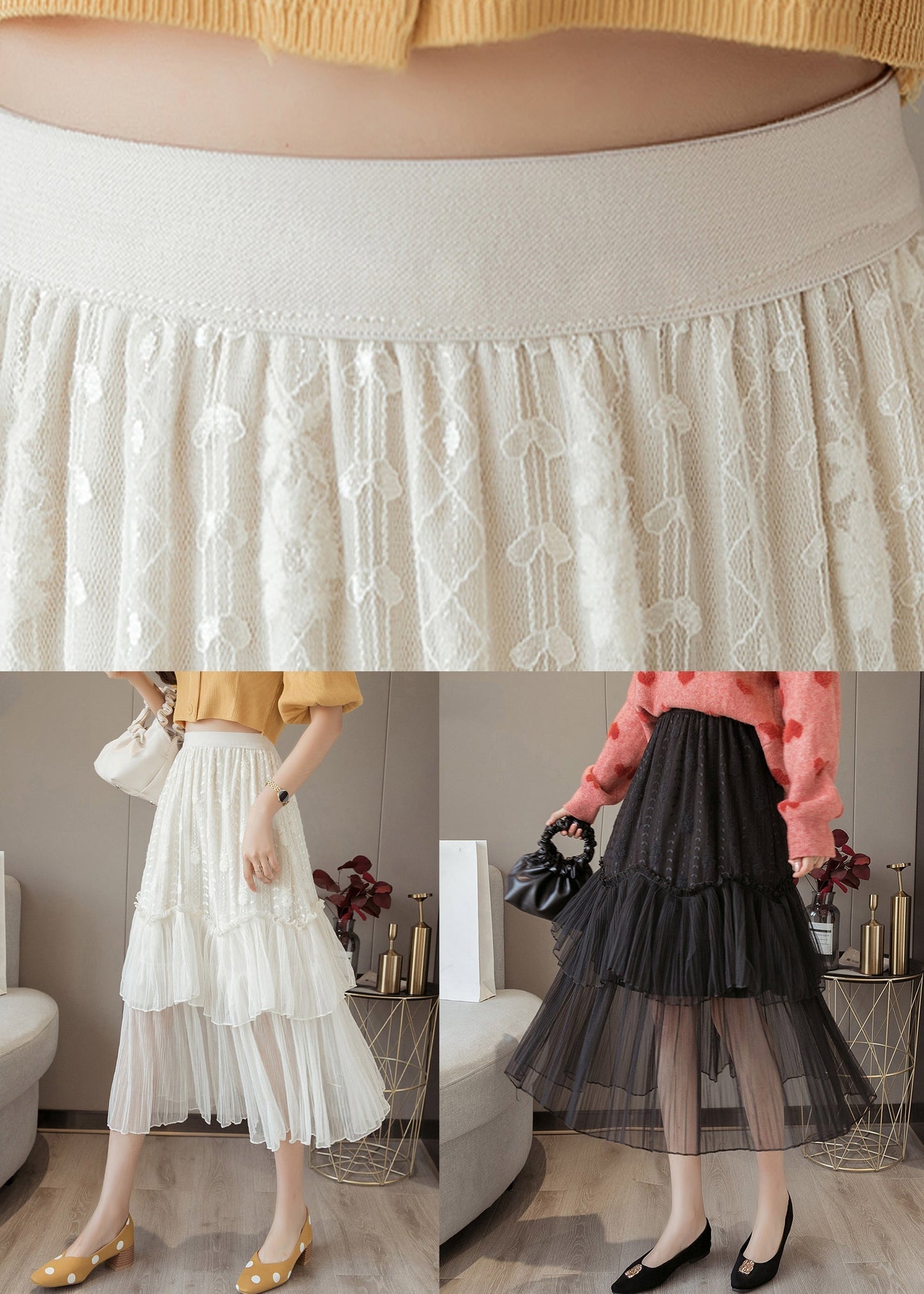 Black Lace Patchwork Chiffon Skirts Elastic Waist