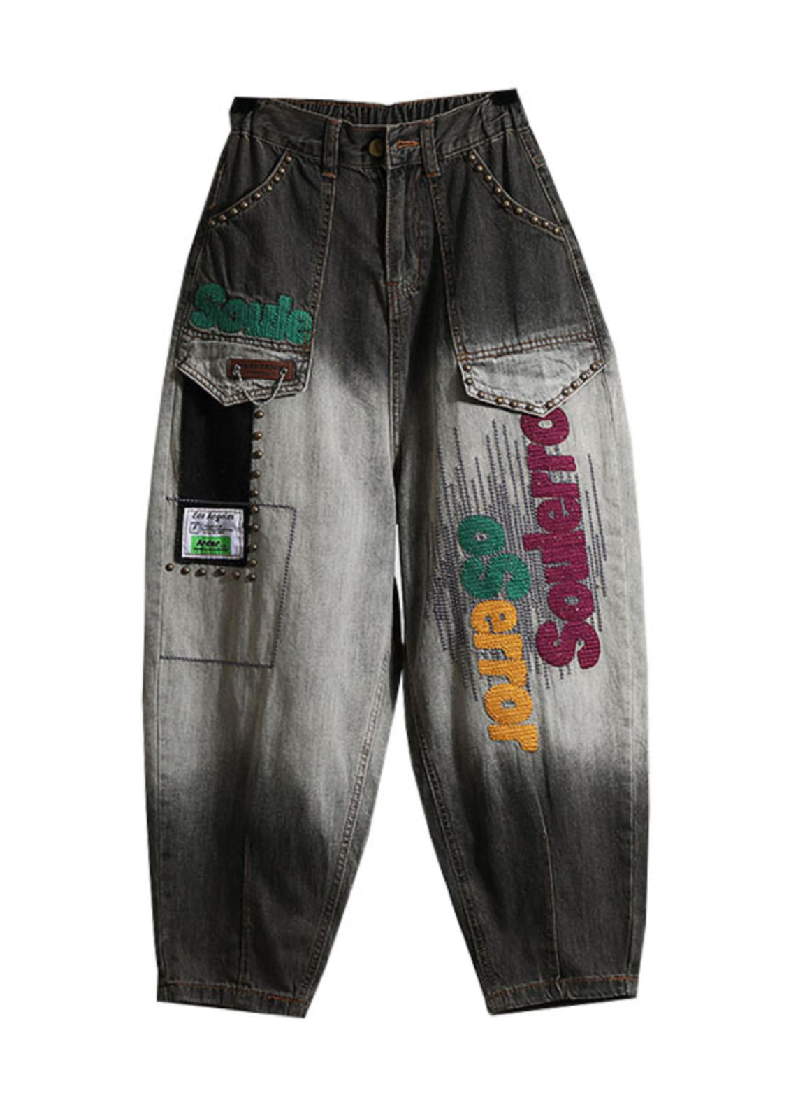 Black Letter Embroidered Pockets Denim Pants Spring