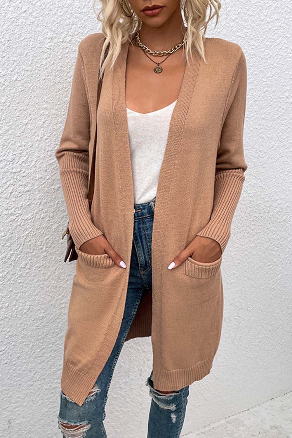 Mid-length Color Pocket Knit Cardigan