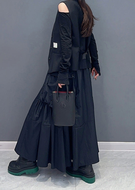 Modern Black Pockets Wrinkled Patchwork Cotton Skirts