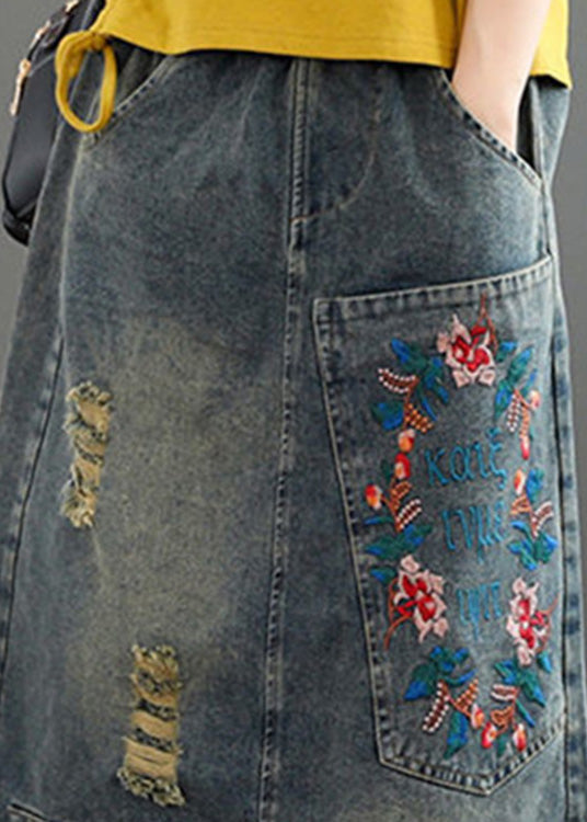 Grey Asymmetrical Embroideried Patchwork High Waist Denim Maxi Skirts Summer