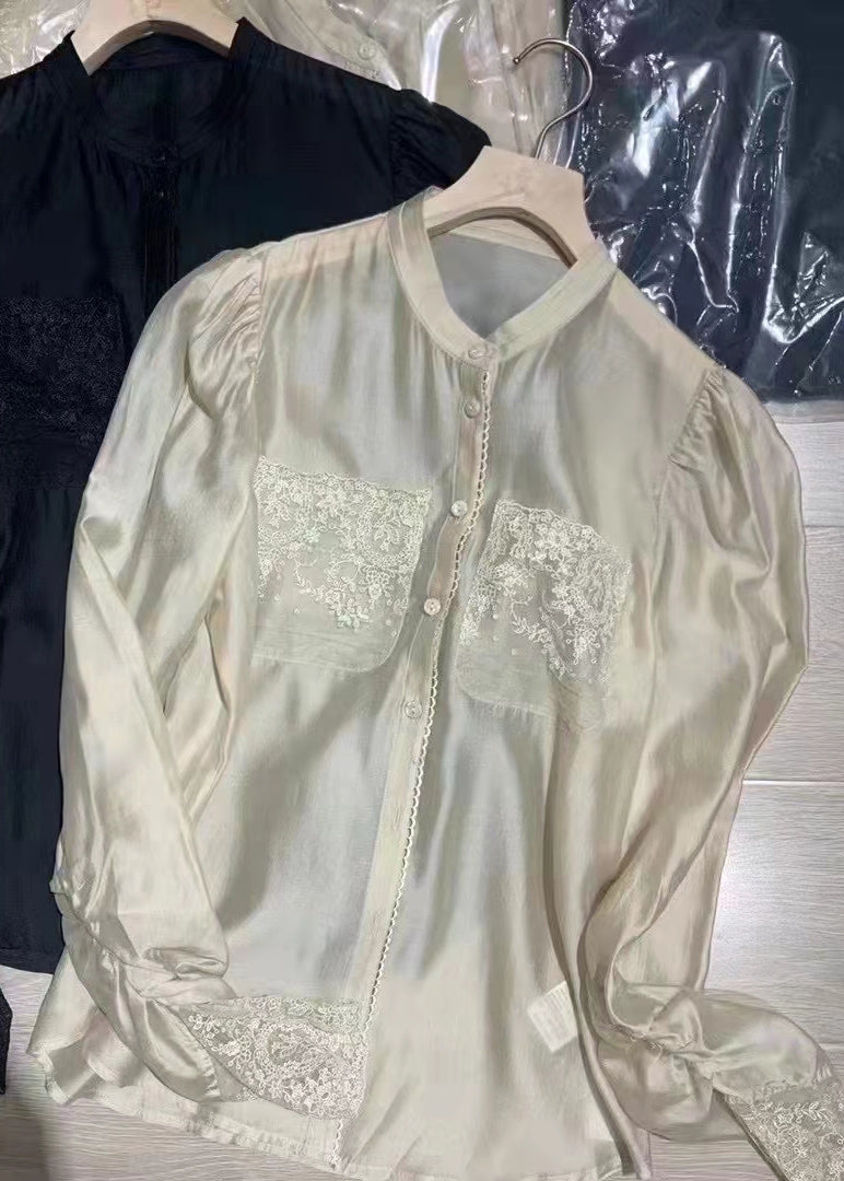 White Stand Collar Button Lace Patchwork Silk Blouses Long Sleeve