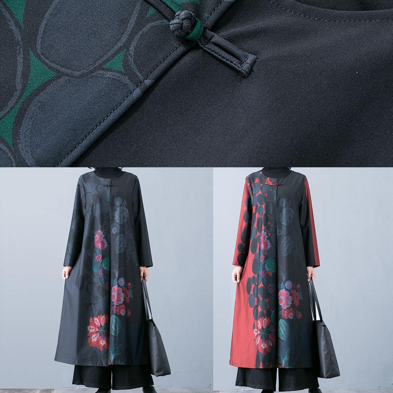 Maxi Coat Fall Trench Coats Green Prints O Neck Overcoat