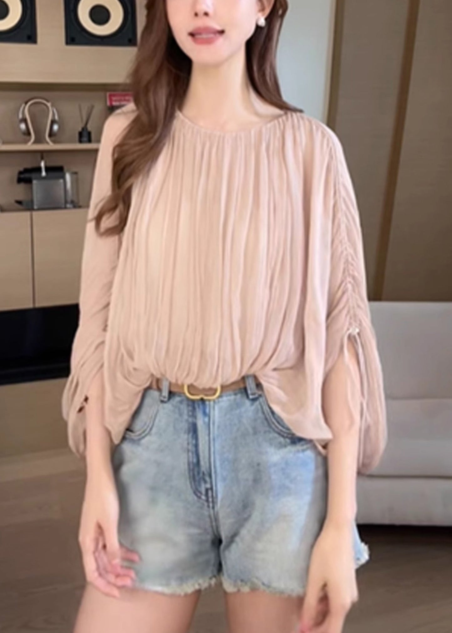 Pink Wrinkled Lace Up Shirts Batwing Sleeve