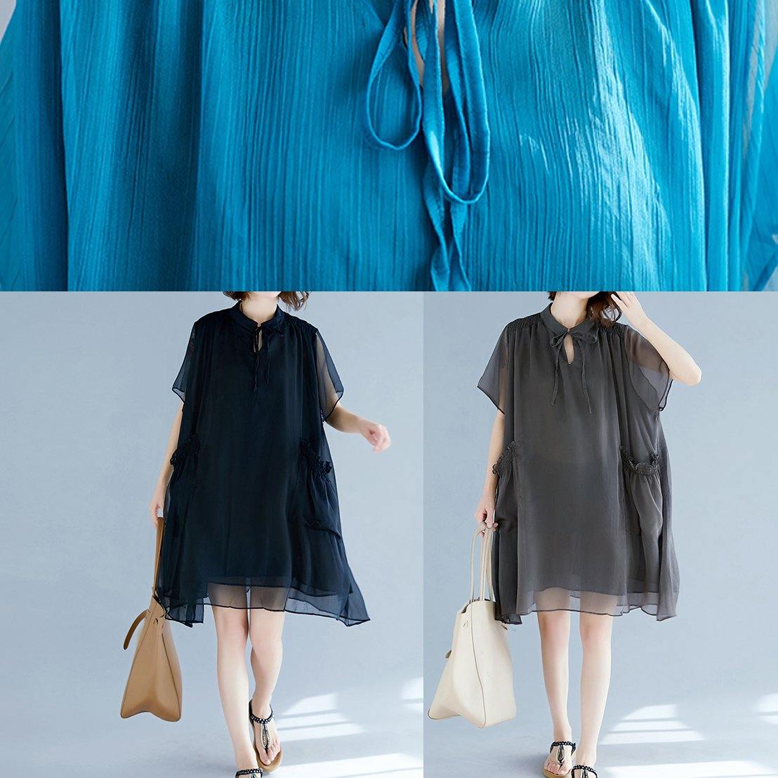 Beach Stand Collar Pockets Chiffon Stylish Fabrics Blue Love Dresses Summer