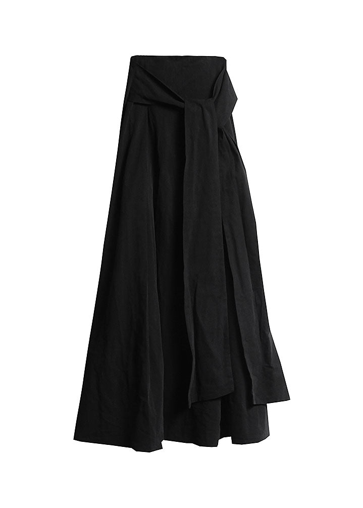 Black Tie Waist Wrinkled Maxi Skirts Spring