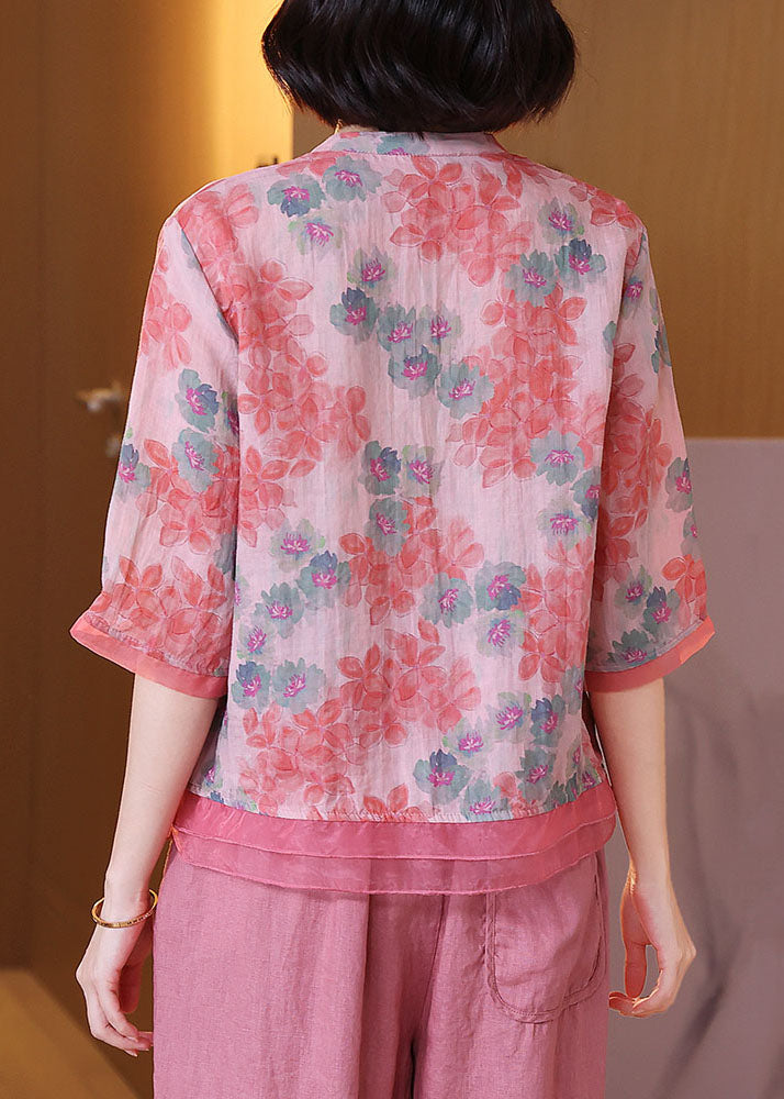 Pink V Neck Print Patchwork Linen Shirt Top Summer