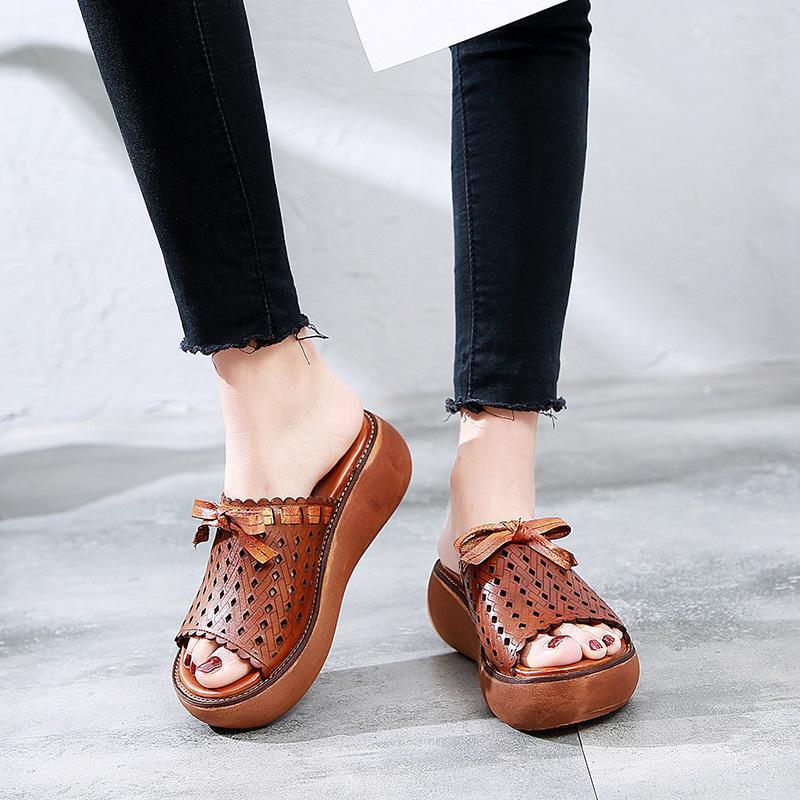 Leather Hollow Out Wedge Slippers