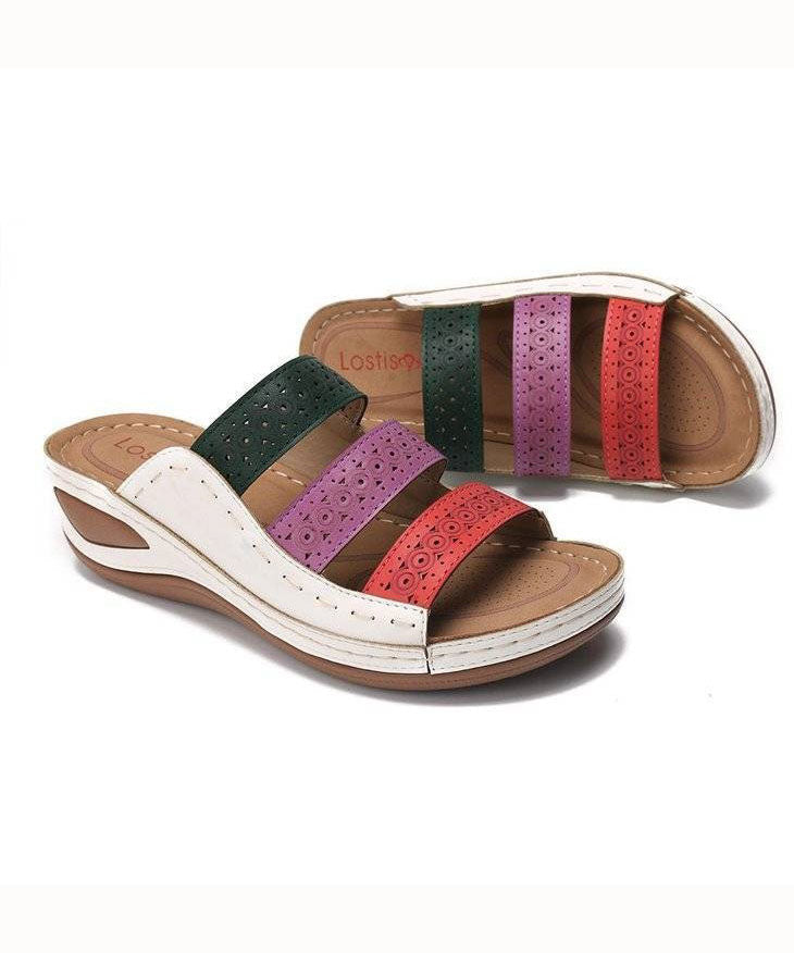 White Slide Sandals Wedge Faux Leather Simple Splicing