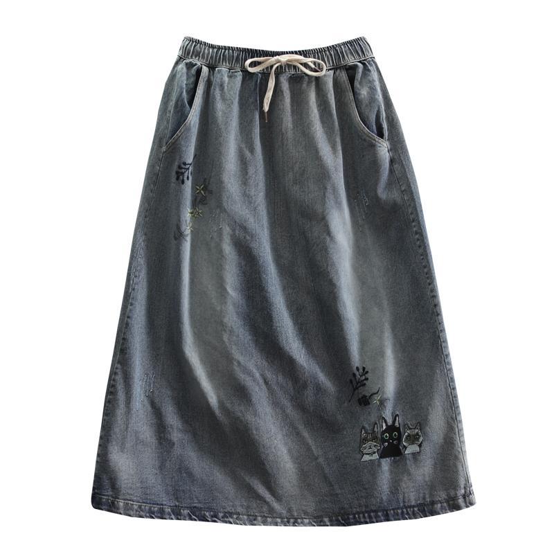 Embroidered Denim Retro Art Long Skirt