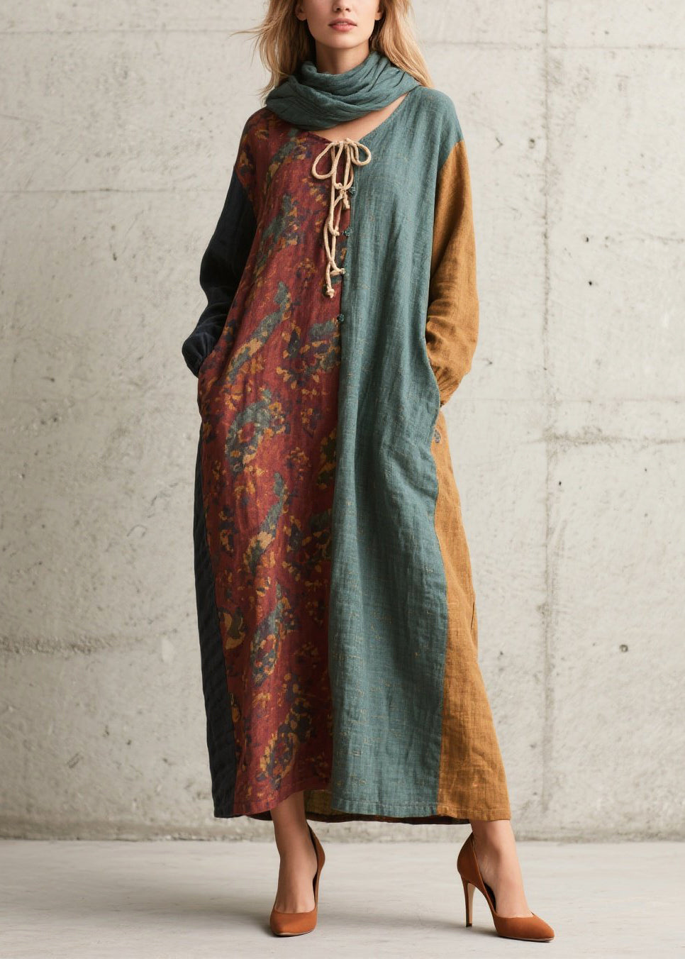 Colorblock Patchwork Cotton Vacation Dress Oversized Fall