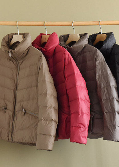 Unique Khaki Stand Collar Pockets Winter Down Coats