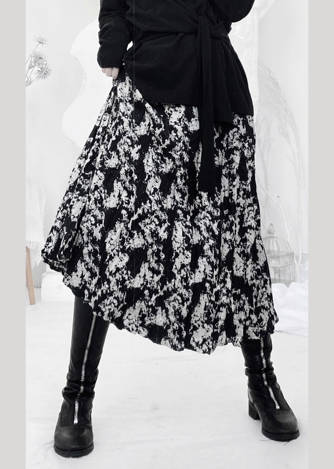 Print Wrinkled Elastic Waist a Line Skirt