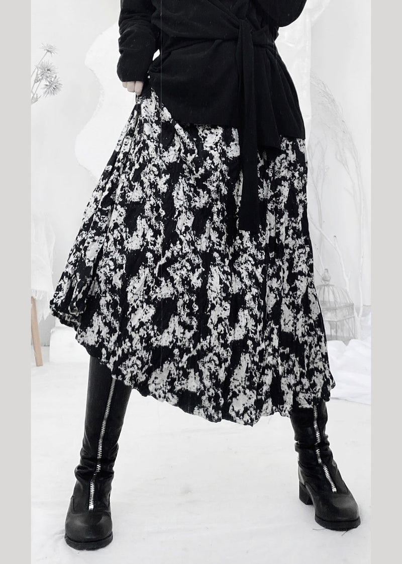 Print Wrinkled Elastic Waist a Line Skirt
