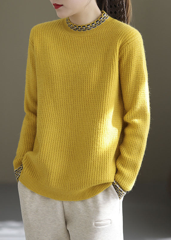 Simple Yellow High Neck Thick Knit Sweater Tops Winter