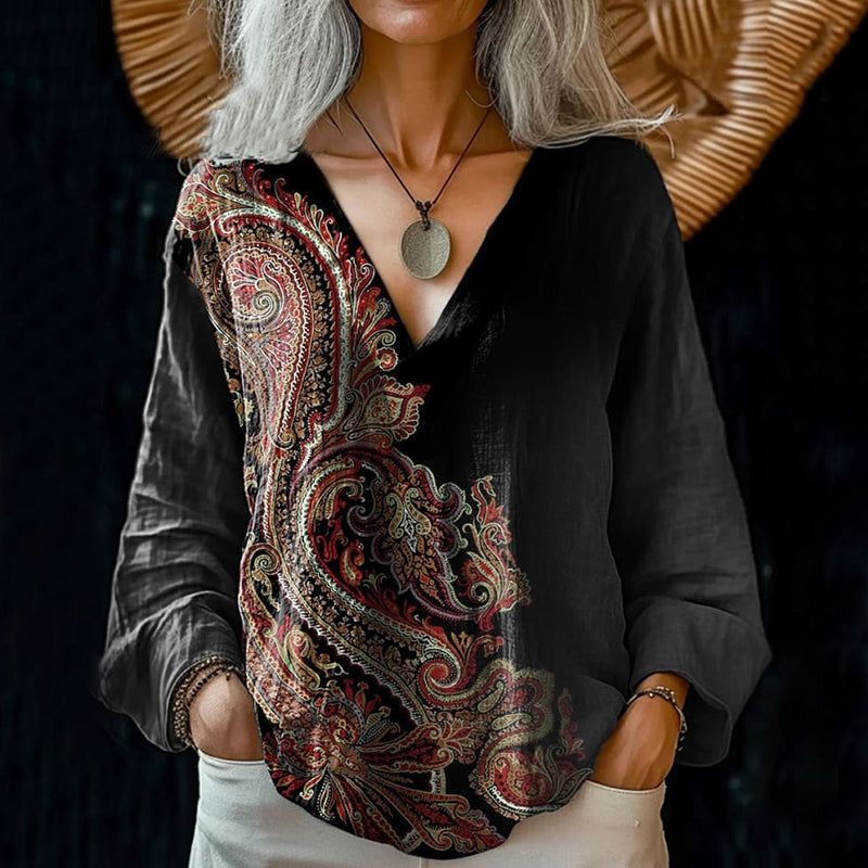 Women's Retro Pattern Art Print Casual Cotton And Linen V-neck Shirt elevenforest