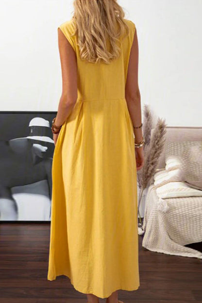 Lapel Button Sleeveless Midi Dress