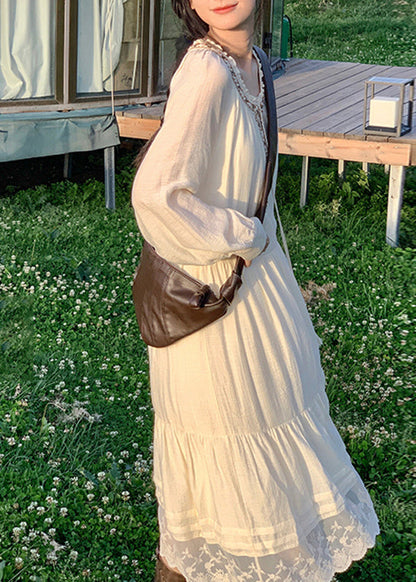 Beige Lace Patchwork Cotton Long Dress Spring